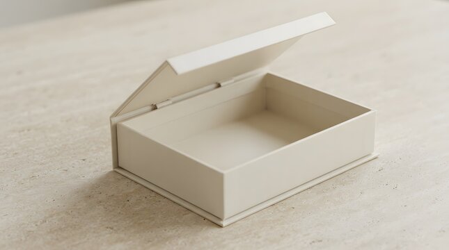 An open empty wooden box with a hinged lid isolated on a light beige background