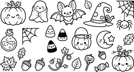 Fototapeta premium Cute halloween doodle set with pumpkin ghost bat and spider line art collection Vector, illustration ai generated