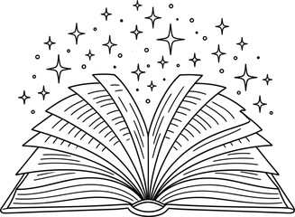 Obraz premium Open magic book line art concept with sparkling stars coming out from turning pages vector illustration