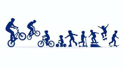 Fototapeta premium Collection of blue silhouettes of kids and adults doing various action sports