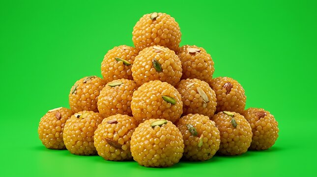 A pyramid of golden yellow besan laddu sweets stacked on a green background