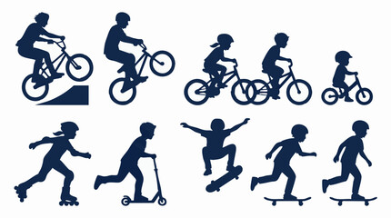 Fototapeta premium Silhouettes of children and adults enjoying wheeled sports and extreme activities