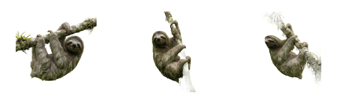 Cute hanging sloth PNG set, isolated slow exotic rainforest animal clinging to tree branches for tropical wildlife, nature conservation, and jungle adventure design clip art graphic illustration
