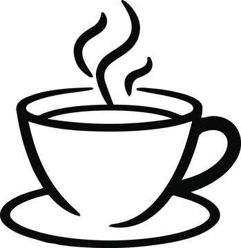 A single steaming coffee cup with swirling steam lines, bold black outline, minimalist clean linework, no shading, white background, t-shirt print style, vector icon look