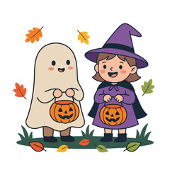 Fototapeta premium Cute kids in friendly ghost and witch costumes holding pumpkin pails among autumn leaves creating a playful halloween trick or treat atmosphere
