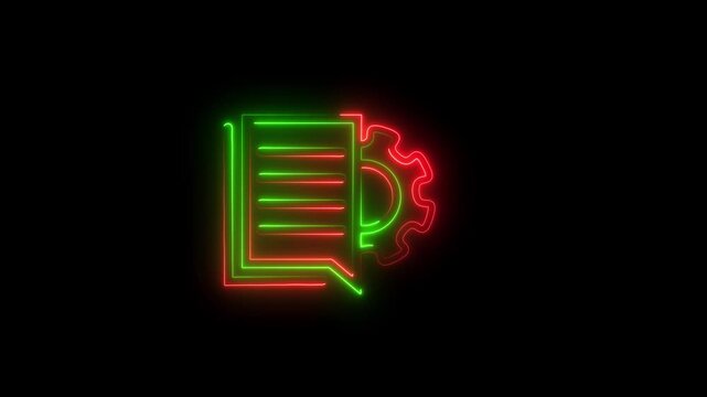 Neon line Document settings with gears icon isolated on black background. Software update, transfer protocol, teamwork tool management.