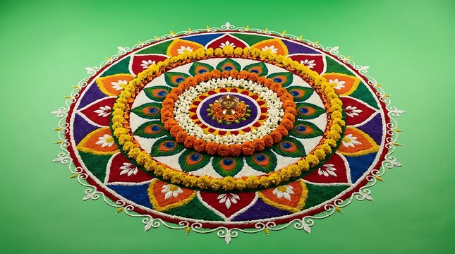 A vibrant circular rangoli design decorated with fresh marigold flower petals