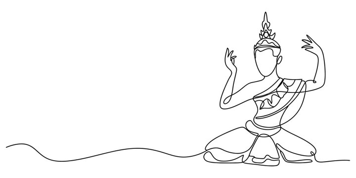 Continuous line drawing of traditional thai dancer in elegant costume, performing a classical dance on white background.