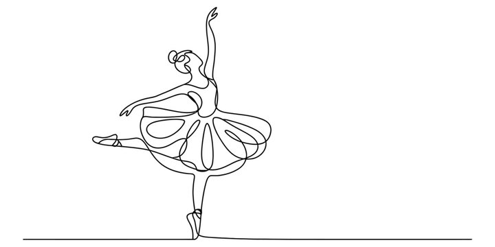 Continuous single line drawing of young female ballerina dancing on pointes with elegant movement and graceful pose on stage.