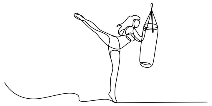 Continuous single line drawing of strong female boxer training with punching bag, emphasizing power and determination.