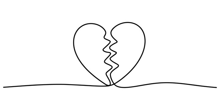 Continuous line drawing of broken heart black monochrome love symbol for loss sorrow divorce concept.