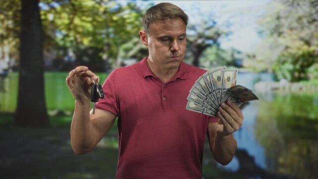 Man holding car keys and fanning a stack of us dollar bills while standing in a leafy forest park beside a pond, wearing a red polo and studying the money; temptation.