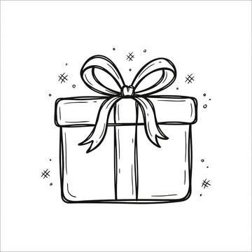 A hand-drawn black and white line art doodle of a wrapped gift box topped with a decorative ribbon bow, surrounded by sparkles and dots.