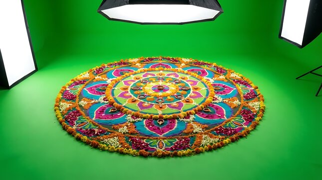 A vibrant circular rangoli design displayed on a bright green studio floor