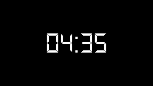 Countdown timer animation of 5 minutes on transparent background .