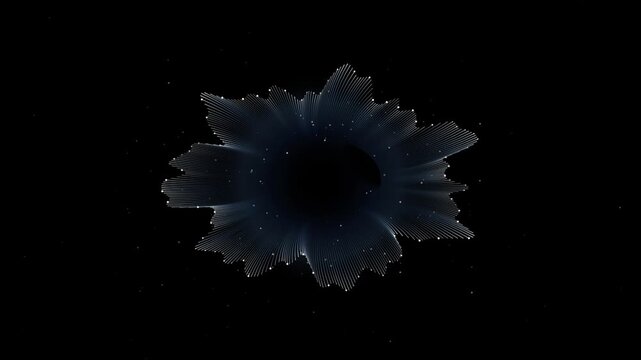 Abstract digital flower shape made of glowing particles and light lines on a dark background, futuristic technology concept
