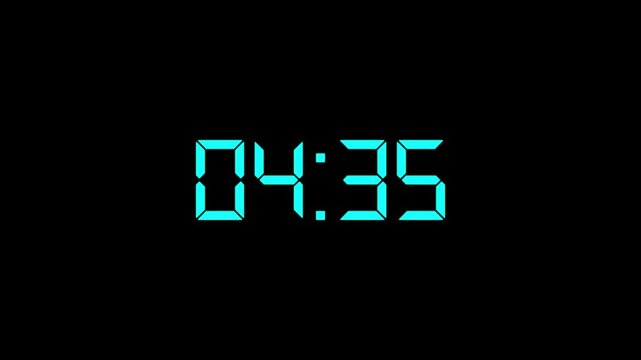 Countdown timer animation of 5 minutes on transparent background .