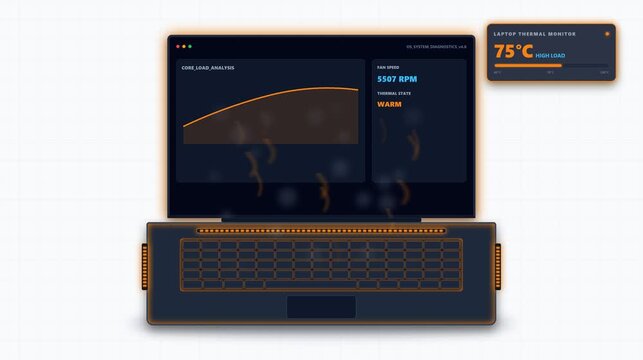 Laptop overheating animation with heat warning and thermal smoke on dark background