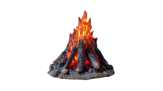 Miniature model campfire with realistic flames burning logs on sandy ground isolated on white background