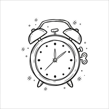 A hand-drawn black and white line art doodle of a classic twin-bell alarm clock with a wind-up key, clock hands, and hour markers, surrounded by sparkles and dots.