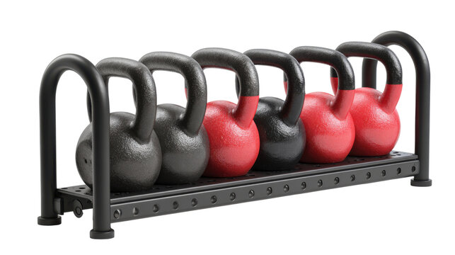 Row of black and red kettlebells organized neatly on a storage rack for gym workouts isolated on white background