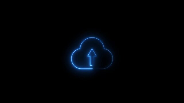 Cloud arrow up symbol icon animation neon glow on black background.