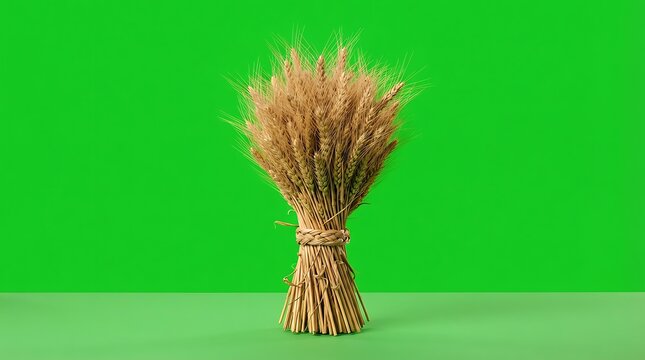 A rustic bundle of golden wheat stalks tied together on a green background