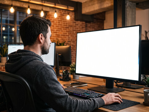 man works at a computer mockup with a large white screen in a night office of a stylish loft with a brick wall and warm lighting of light bulbs above the desk