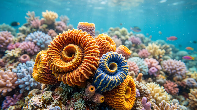 Vibrant spiral shaped tube sponges on a colorful tropical coral reef underwater