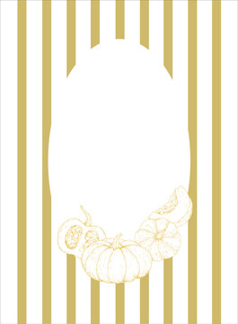 Vector autumn frame template with golden stripes and pumpkins. Modern vertical background with blank copy space for Thanksgiving invitation. Minimalist pumpkin sketch. Elegant seasonal holiday banner 