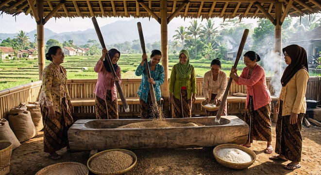 Indonesian village women traditional rice pounding with wooden mortars lesung saung background
