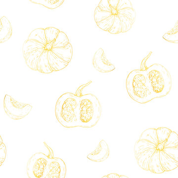 Vector pumpkin seamless pattern. Vegetable seeds, graphic hand drawn isolated illustration. Halloween autumn perfect for harvest and thanksgiving themes. Isolated botanical illustration for seasonal f