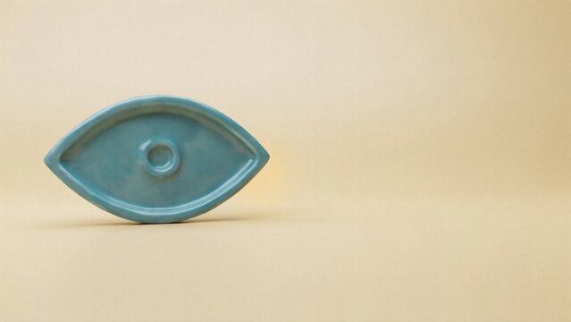 A single teal ceramic eye shaped dish sitting on a smooth light beige background surface with glossy teal finish finish rests plain minimalist