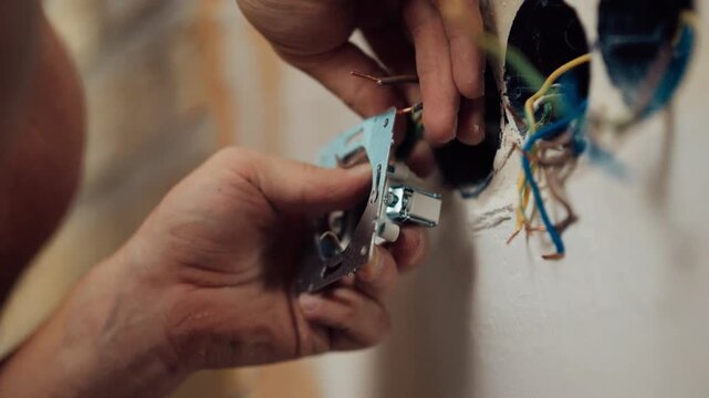 Home electrical outlet installation process in a living room during daylight