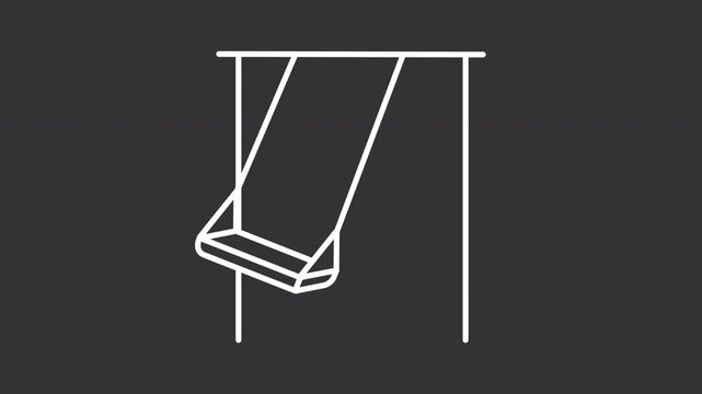 Swing set white line animation. Playground equipment animated icon. Geometric rope and seat details. Angled side attachment straps. Isolated element on dark background. Alpha transparent video