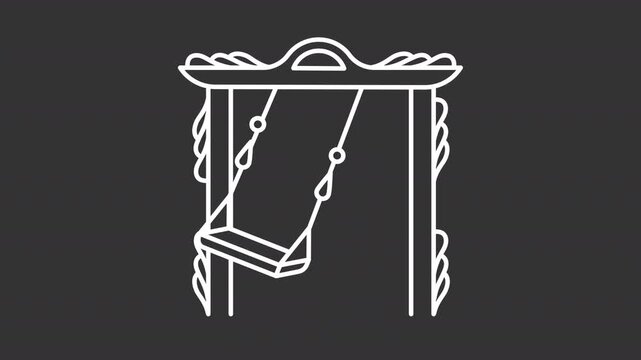 Garden swing set white line animation. Symmetrical wooden swing frame animated icon. Stylized curved top beam. Single hanging seat bench. Isolated element on dark background. Alpha transparent video
