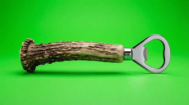 A rustic bottle opener featuring a natural antler handle on green background