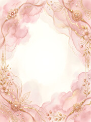 Fototapeta premium Elegant light pink watercolor frame with shiny golden decorative branches and floral art