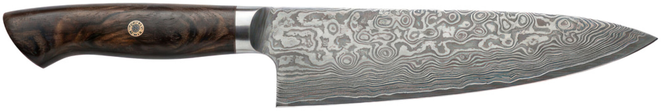 Damascus steel chef knife with dark wood handle.