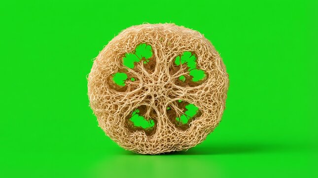 A circular slice of dried natural loofah gourd against a vibrant green background