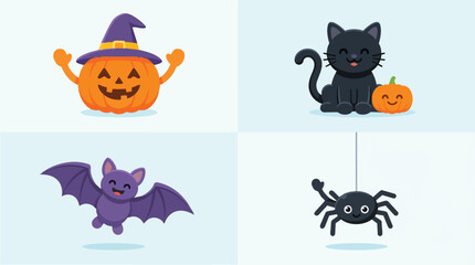 Obraz premium Halloween pumpkin witch bat black cat spider illustration