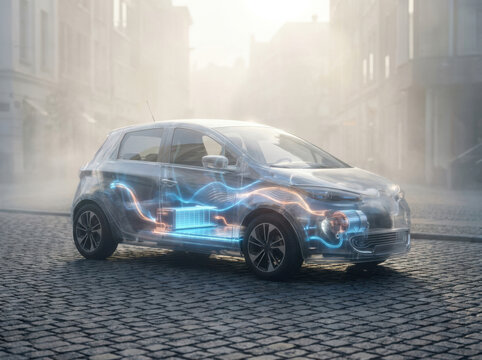 Electric city car with visible kinetic energy flow and battery system on cobblestone street in urban area