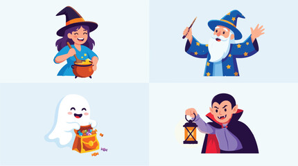Fototapeta premium Halloween characters with magical items cheerful illustration