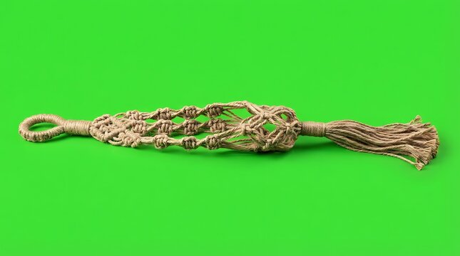 A handcrafted macrame plant hanger made with natural jute rope on green