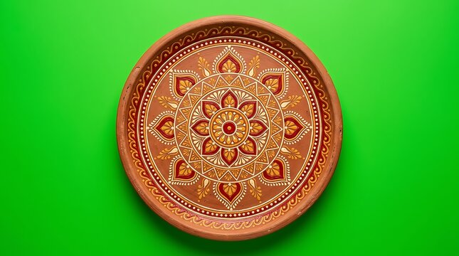 Intricate decorative mandala plate featuring geometric patterns and red accents