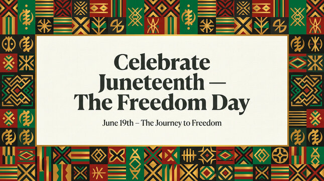 Juneteenth Freedom Day celebration banner featuring African geometric patterns and traditional typography border