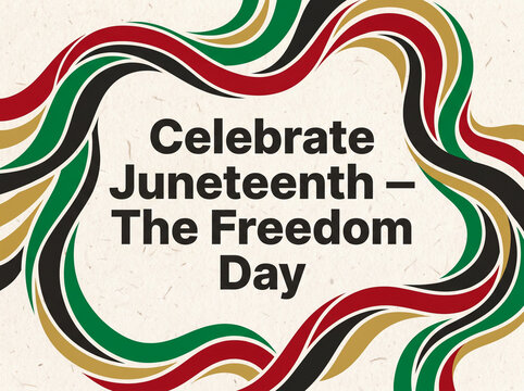 Celebrate Juneteenth Freedom Day banner with wavy ribbons in traditional Pan-African colors framing typography