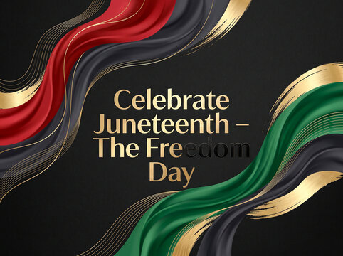 Elegant Juneteenth Freedom Day banner design with wavy red, black, and green ribbons on dark background