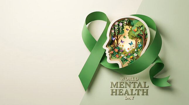 Paper craft human silhouette with green ribbon filled with flowers and trees for World Mental Health Day.