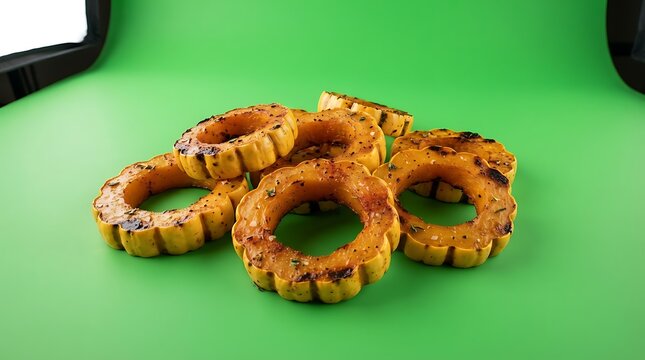 A pile of sliced bitter melon pieces arranged on a vibrant green background
